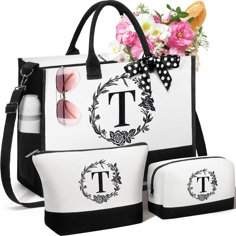 FLOE Personalized Gifts for Women, Initial Canvas Tote Bag & Makeup Bag Monogrammed Beach Tote Bags for Women w/Zipper, Valentines Day Birthday Gifts for Her Wife Girlfriend Mom Sister Best Friend Teacher - Image 1